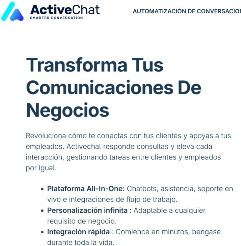 La imagen muestra la home de ActiveChat, una de las mejores webs para crear chatbots, en la que se resumen algunas de sus funcionalidades
