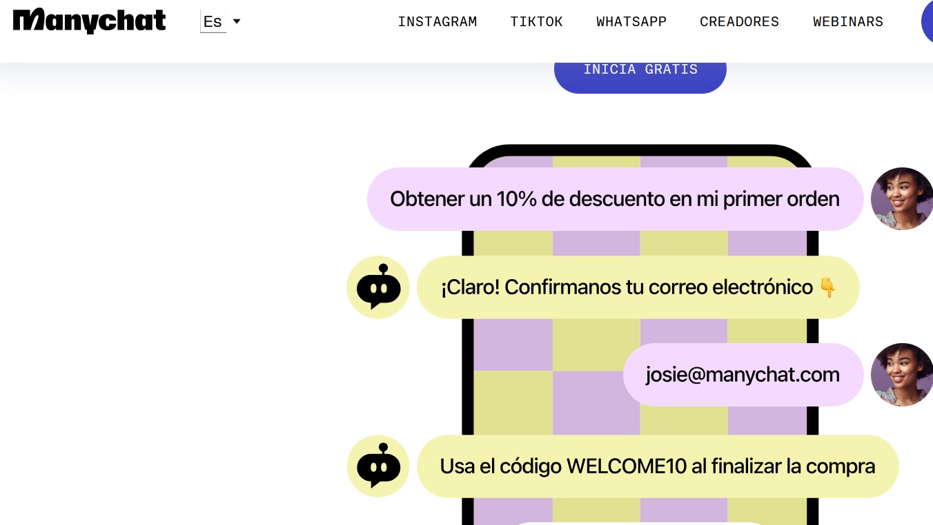 La fotografía muestra una captura de pantalla de la home de ManyChat, una página recomendada para crear chatbots en las webs