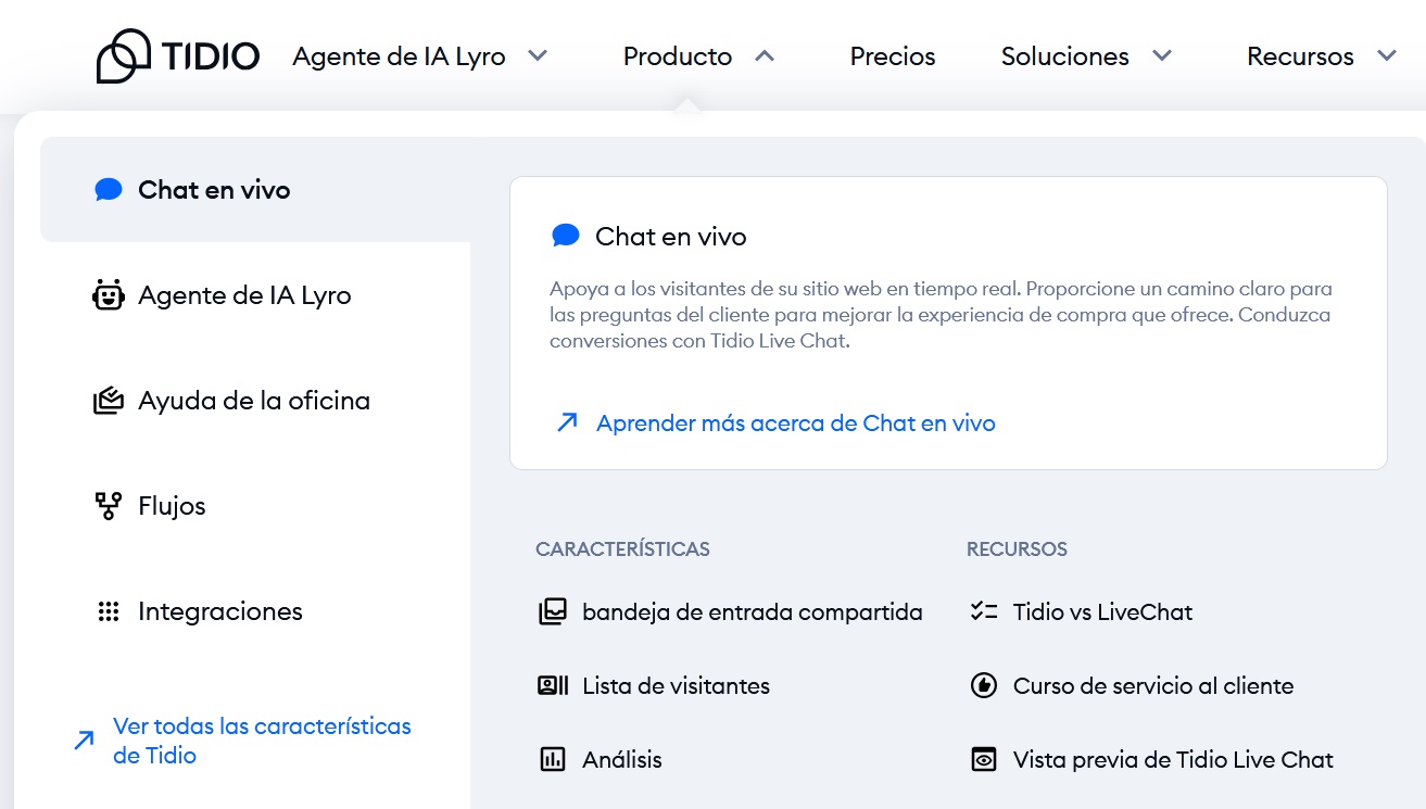 Imagen de Tidio, en la que se ven opciones como la de chat en vivo, flujos e integraciones